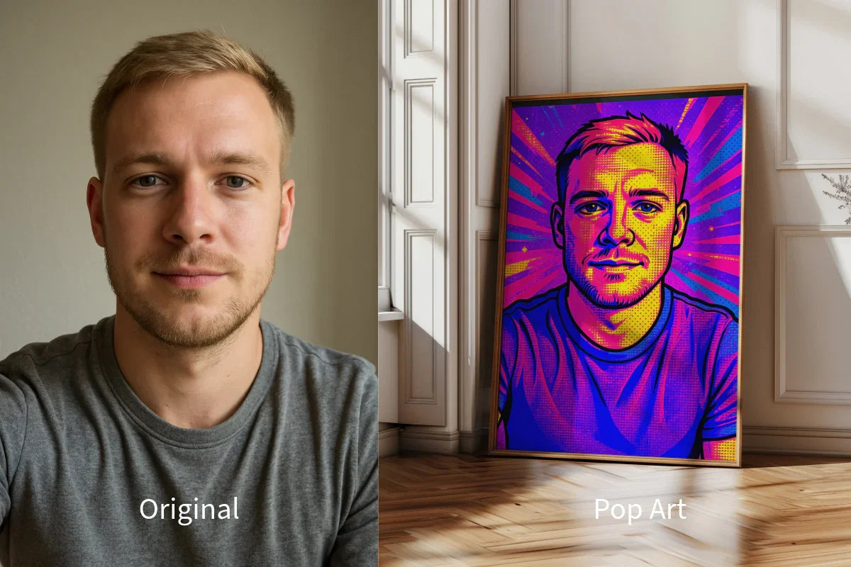 Sida vid sida jämförelse med en original och AI-modifierad bild i popart tryckt på poster