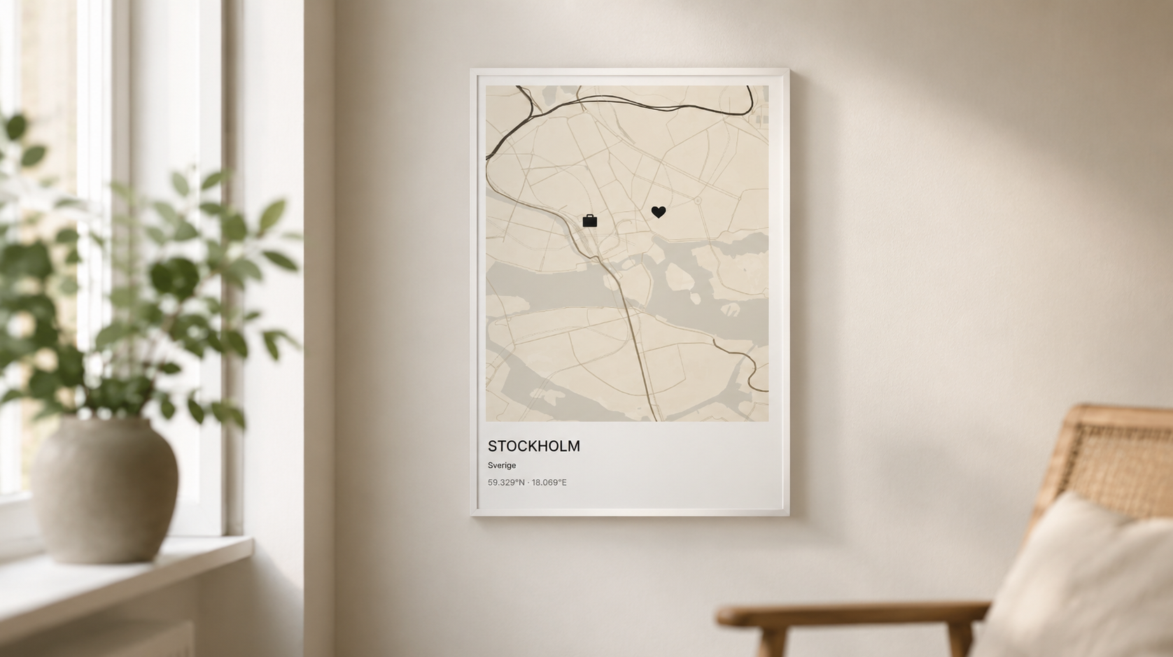Personlig karttavla över en plats, inramad på en vägg