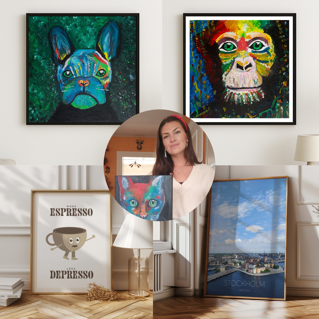 En bild illustrerande konstnären Lisa Bergqvist centralt med utvalda motiv skapad av Lisa