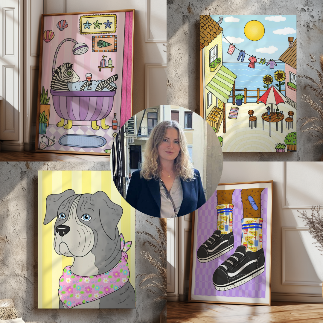 Konstnären Louise Ordell i mitten med mockups med exempel på hennes konstverk