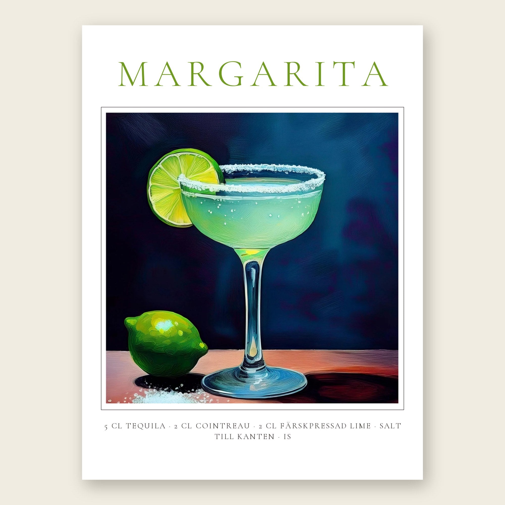 Margarita drinkposter i klassisk stil med recept – personlig cocktailtavla