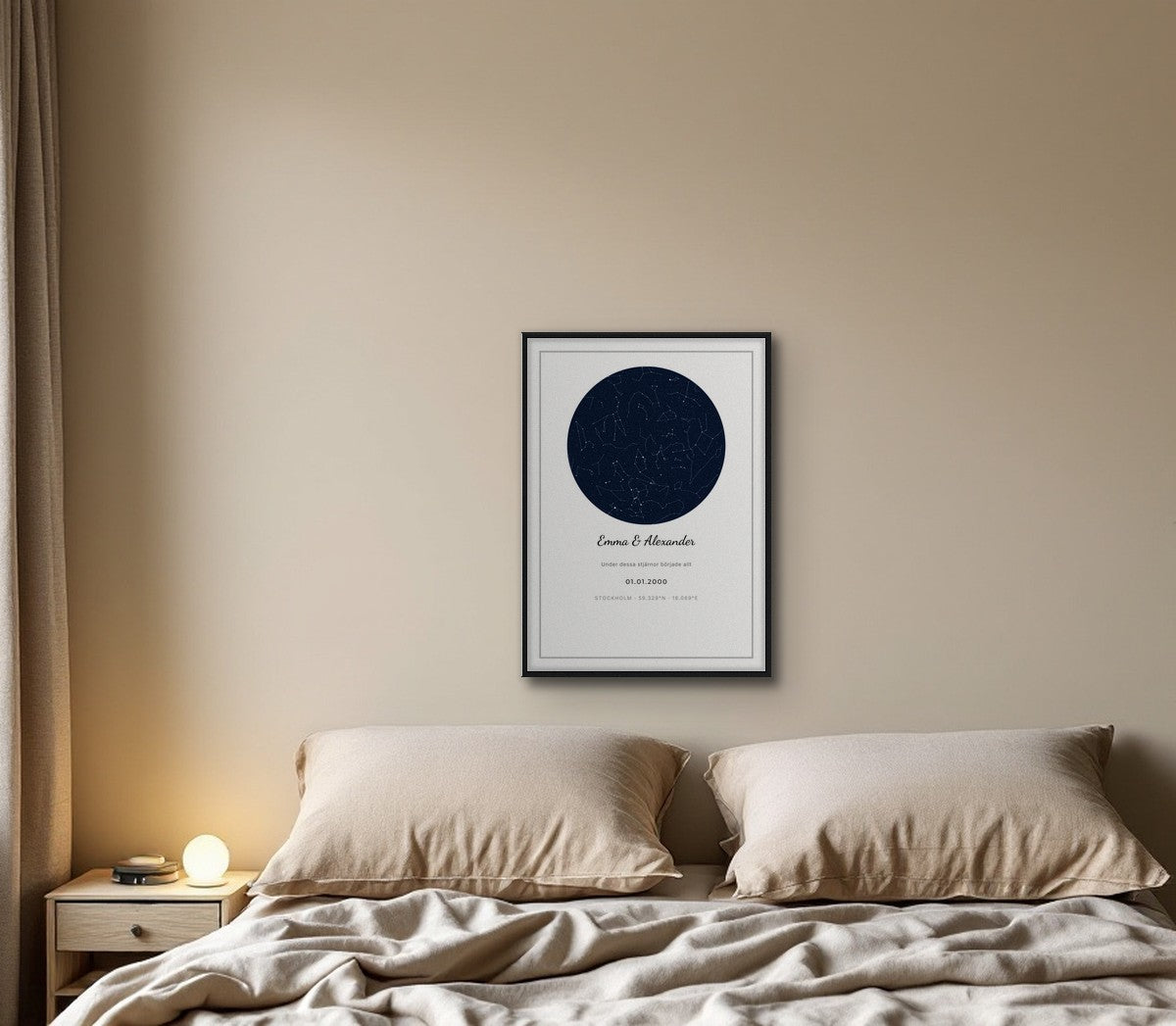 Natten vi träffades — stjärnkarta 40×50 cm på väggen ovanför sängen