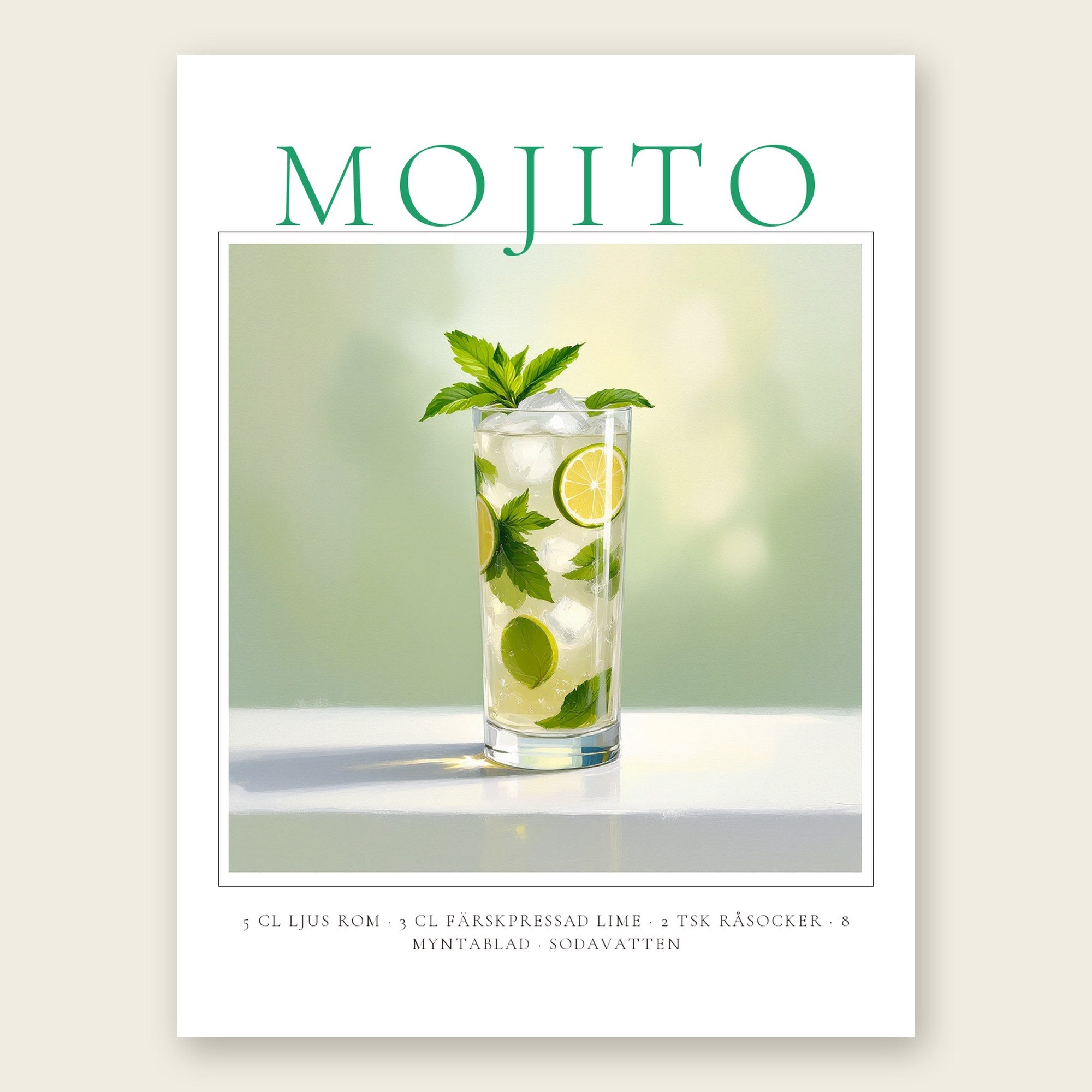 Mojito drinkposter i klassisk stil med recept – personlig cocktailtavla
