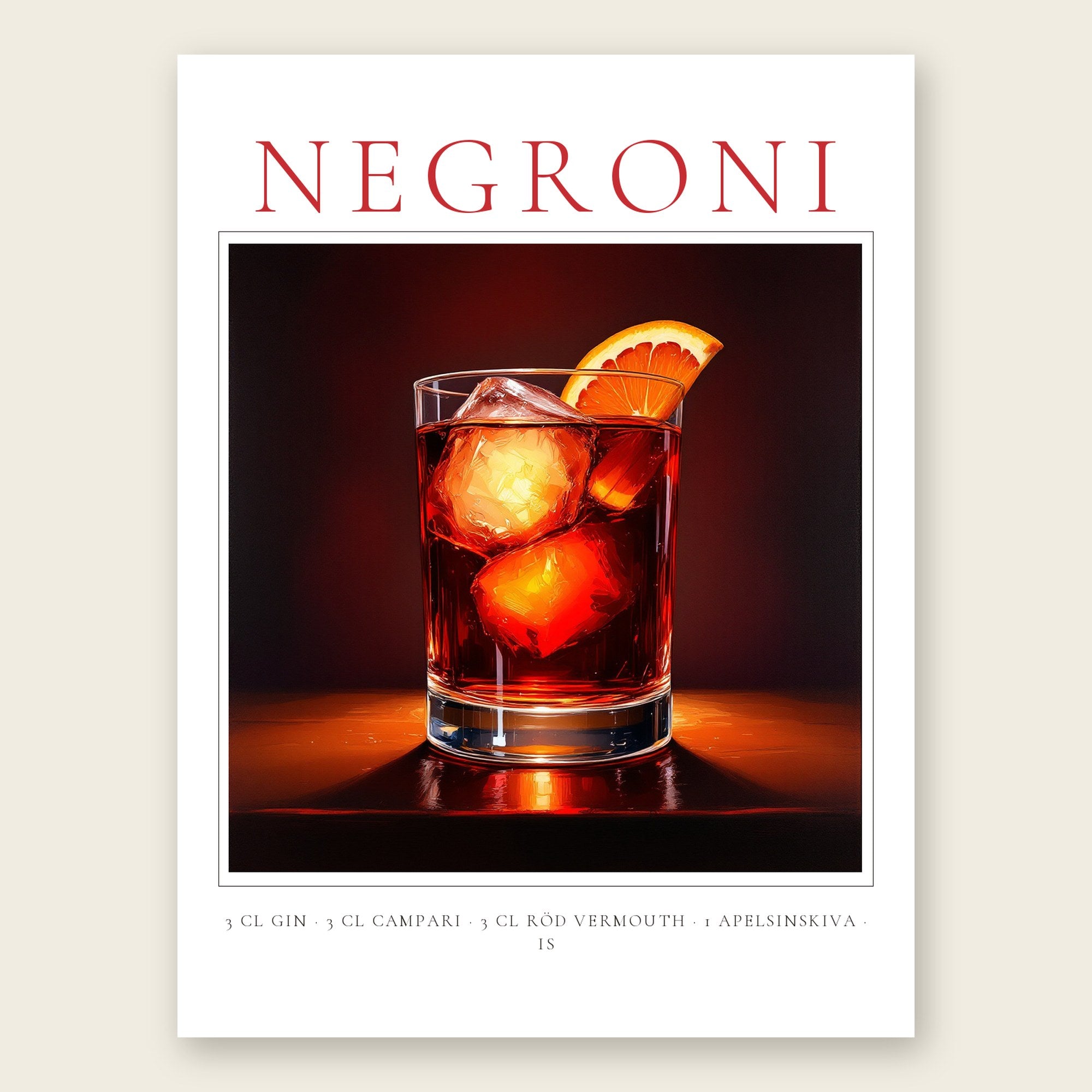 Negroni drinkposter i klassisk stil med recept – personlig cocktailtavla
