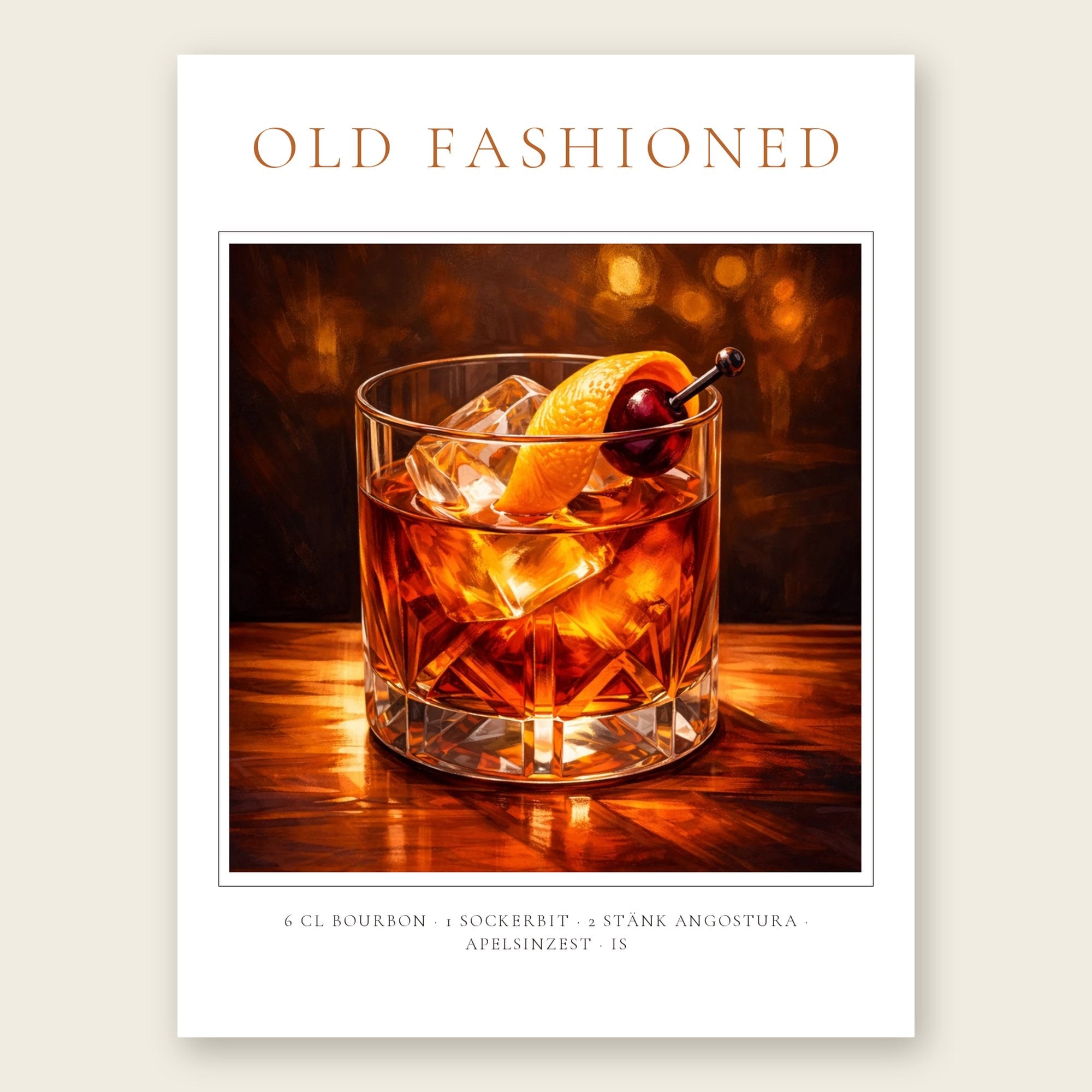 Old Fashioned drinkposter i klassisk stil med recept – personlig cocktailtavla