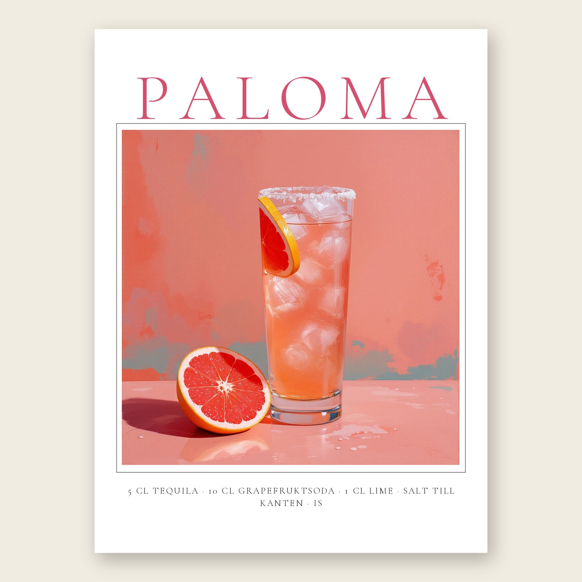 Paloma drinkposter i klassisk stil med recept – personlig cocktailtavla