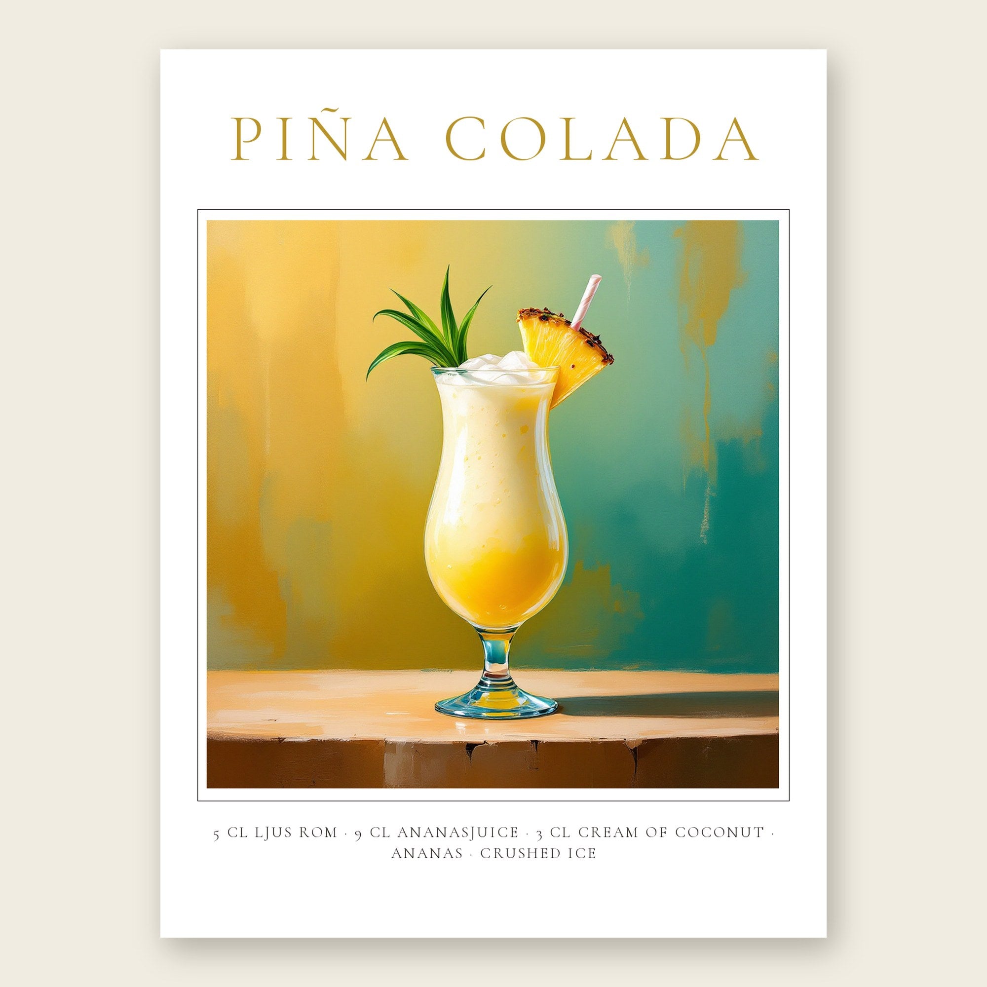 Piña Colada drinkposter i klassisk stil med recept – personlig cocktailtavla