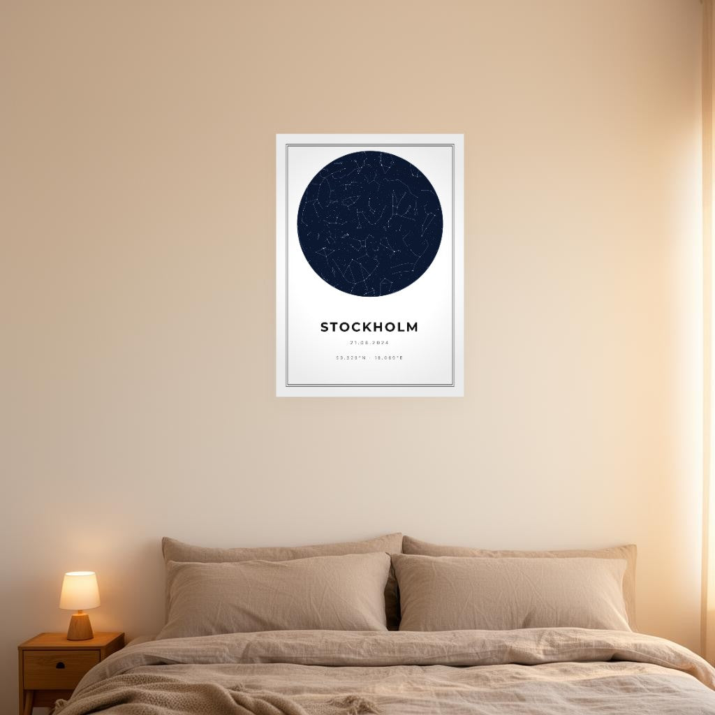 Stjärnhimmelsposter i sovrum — personlig stjärnkarta över en betydelsefull natt