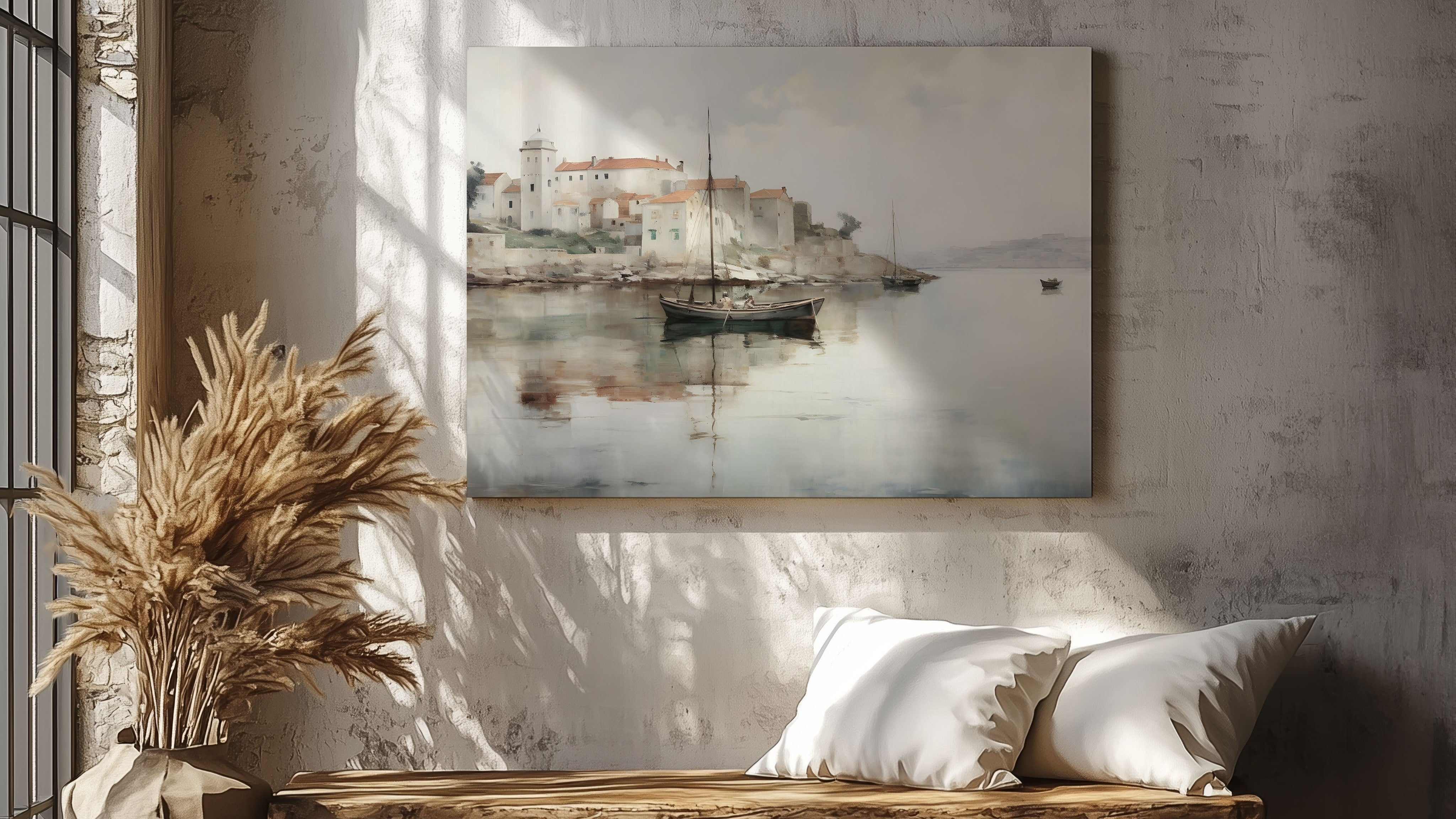 Canvastavla med abstrakt båt i en modern interiör