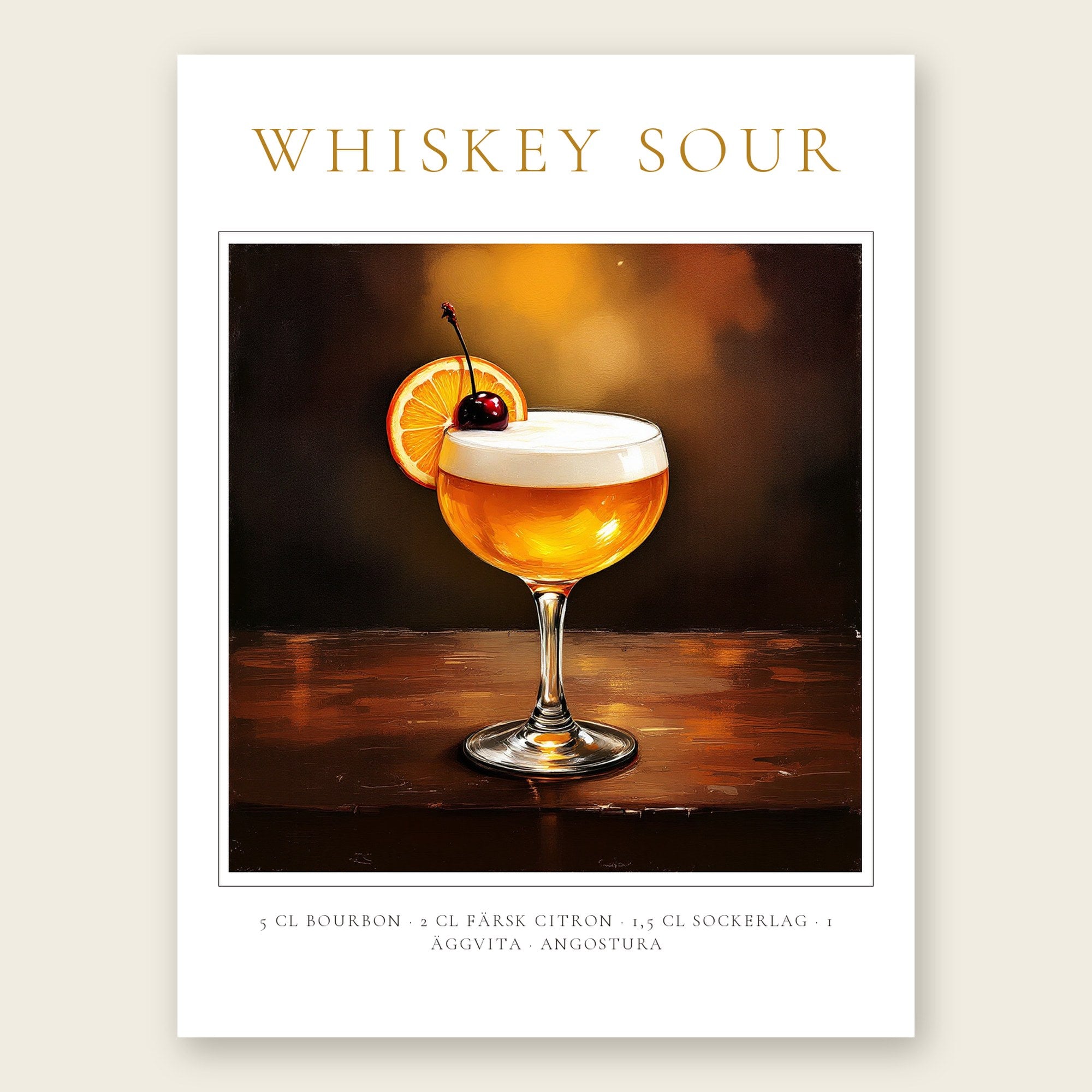 Whiskey Sour drinkposter i klassisk stil med recept – personlig cocktailtavla