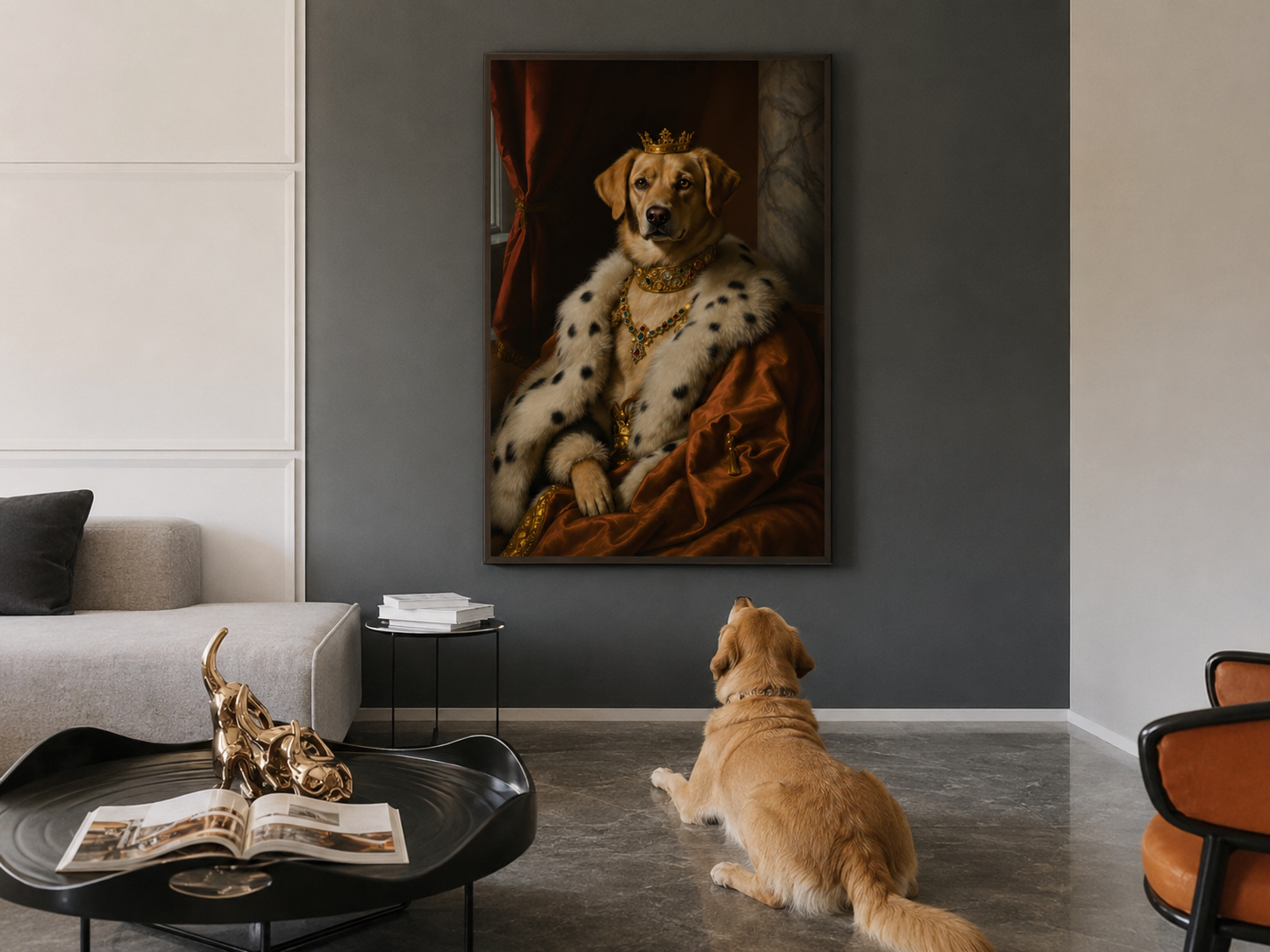 Personligt husdjursporträtt i kunglig stil som present till hundägare och kattägare