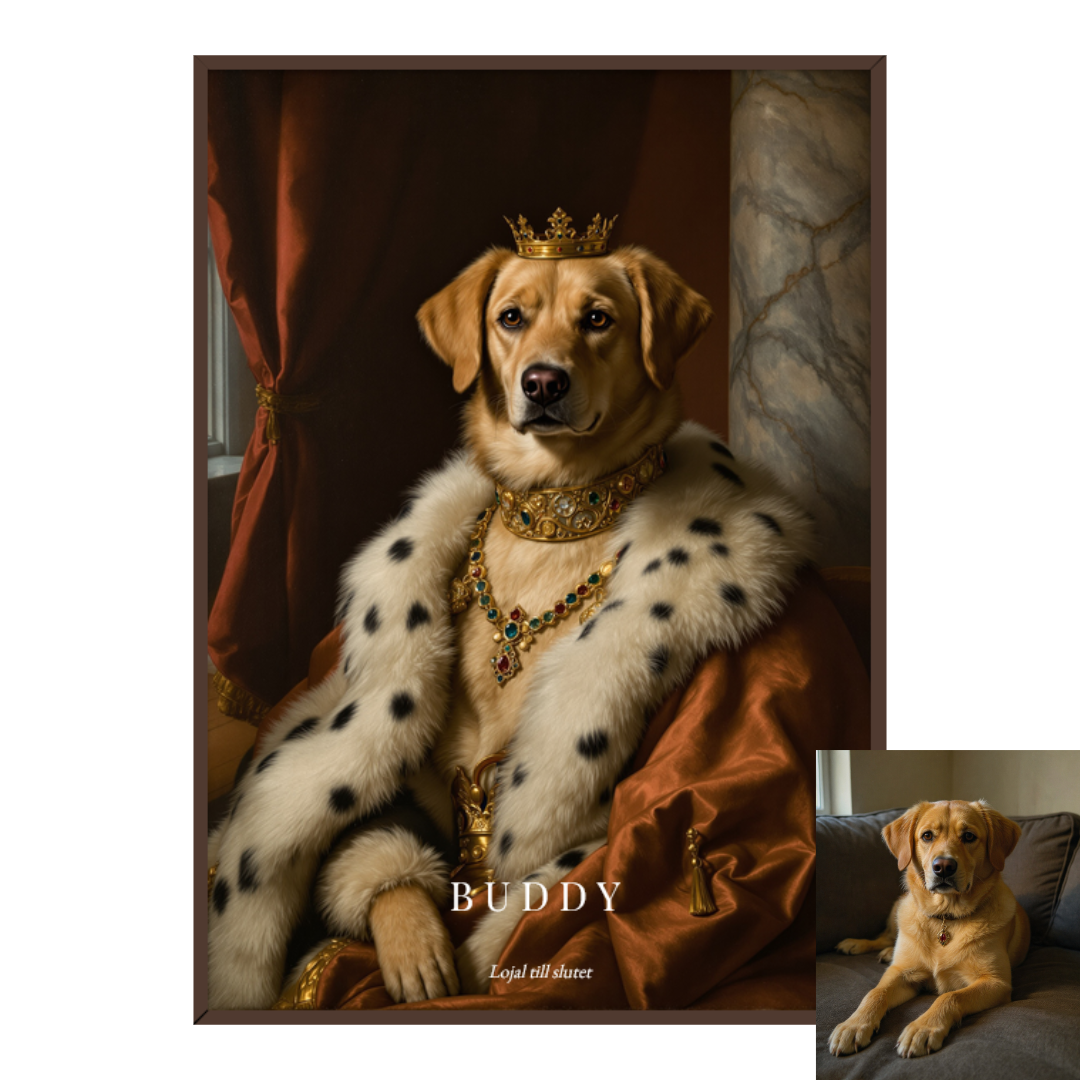 Present till hundägare – inramat porträtt av hund som kung med originalfoto