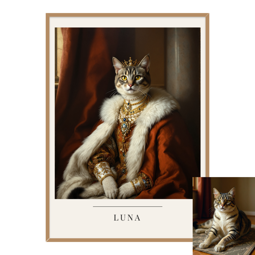 Present till kattägare – inramat porträtt av katt som drottning med originalfoto
