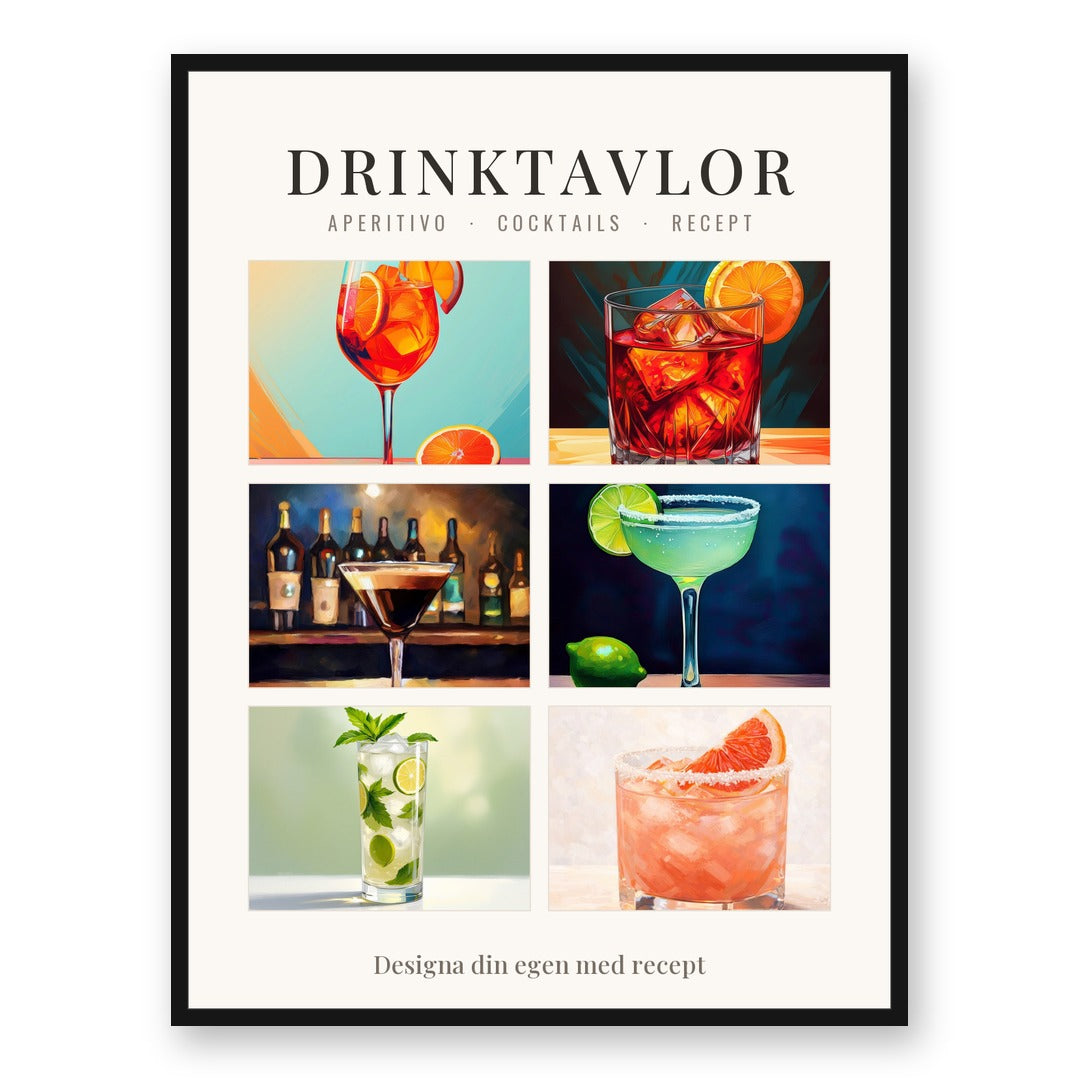 Drinktavlor – inramade posters med Aperol Spritz, Negroni, Espresso Martini, Margarita, Mojito och Paloma