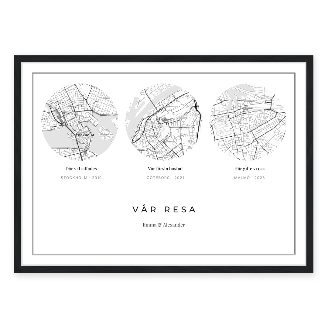 Årsdagspresent – inramad Vår resa-kartposter