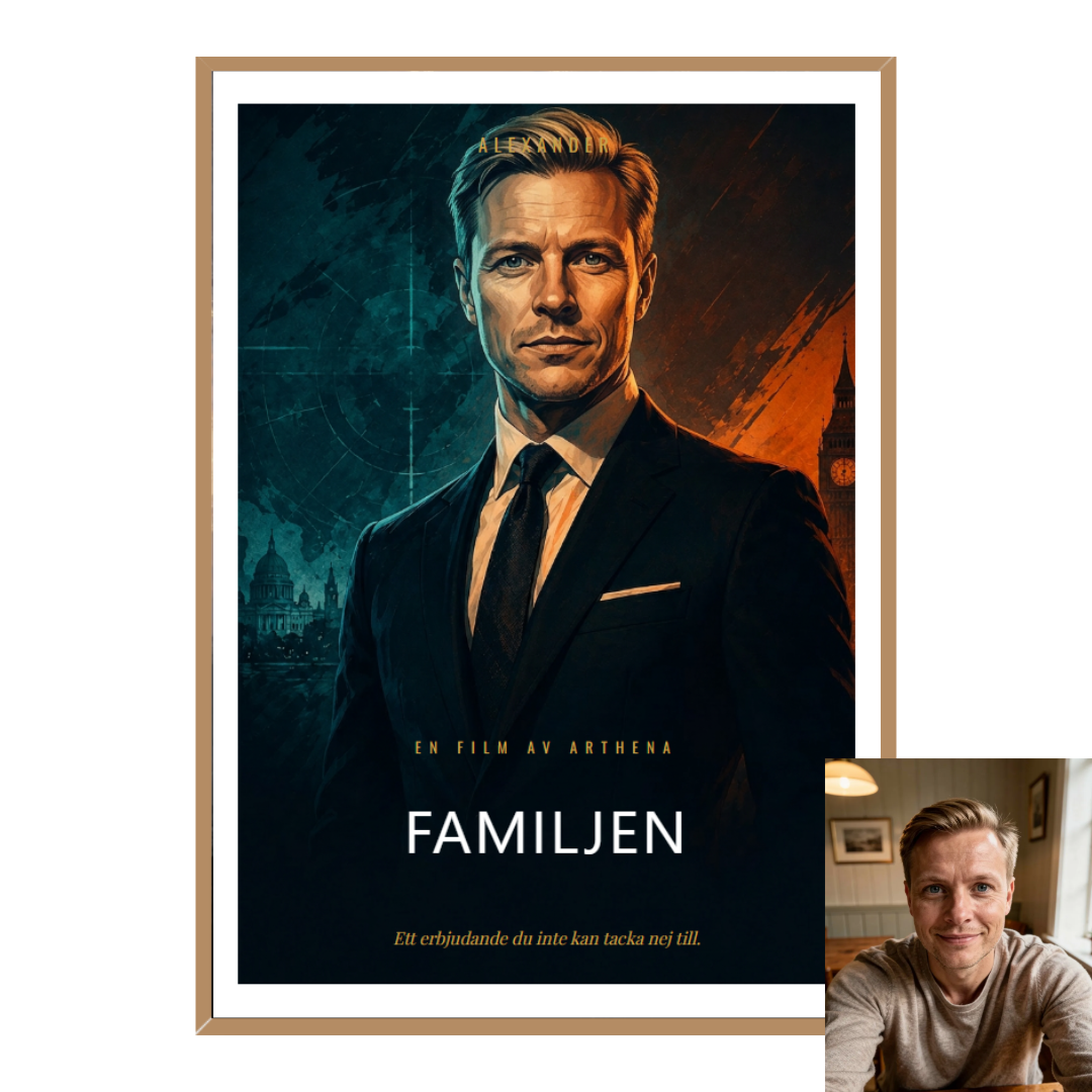 Personligt porträtt som filmstjärna på filmaffisch