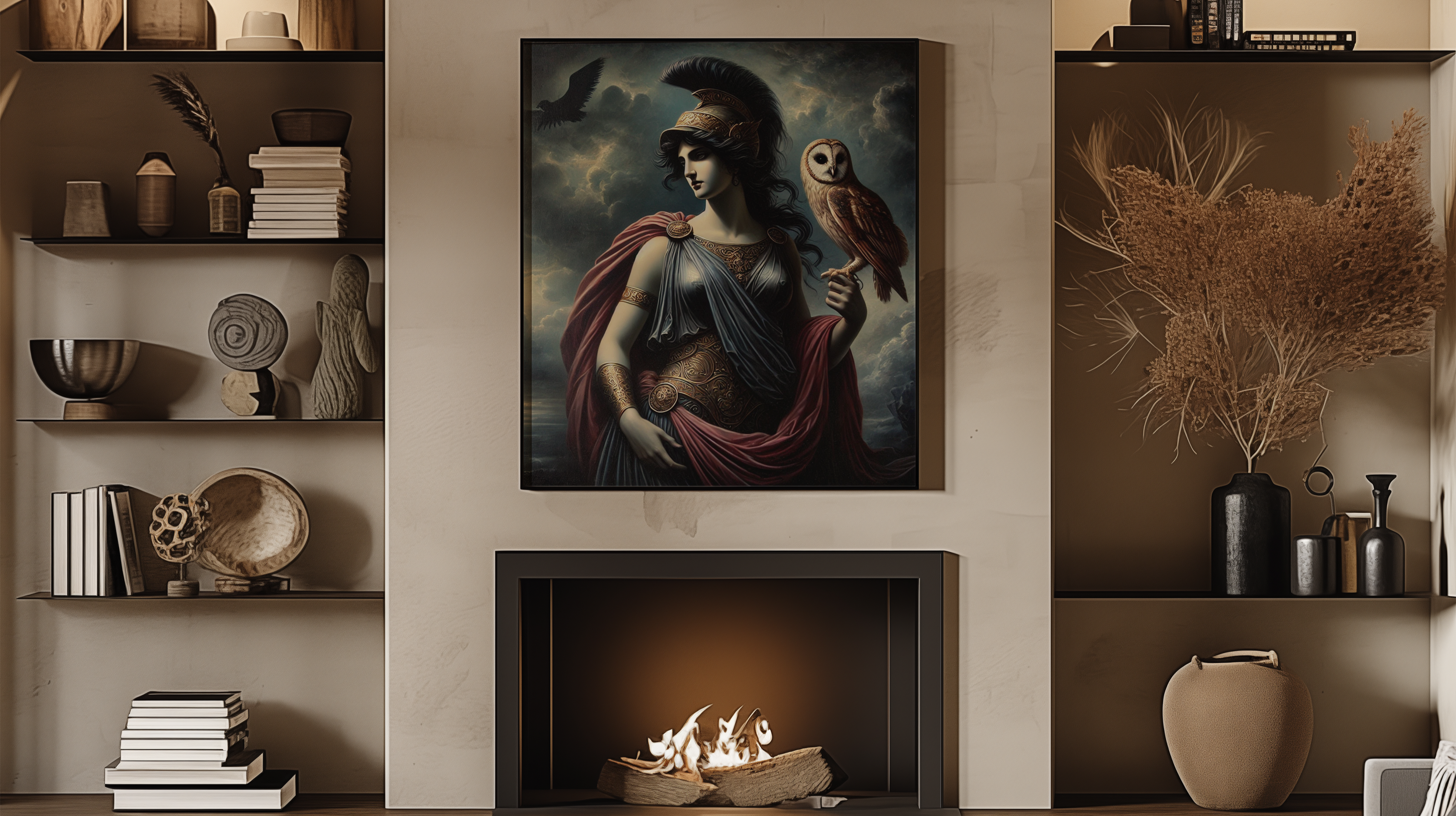 Om oss bild för Arthena i vardagsrumsmiljö med en upphäng tavla symboliserande Athena i modern miljö