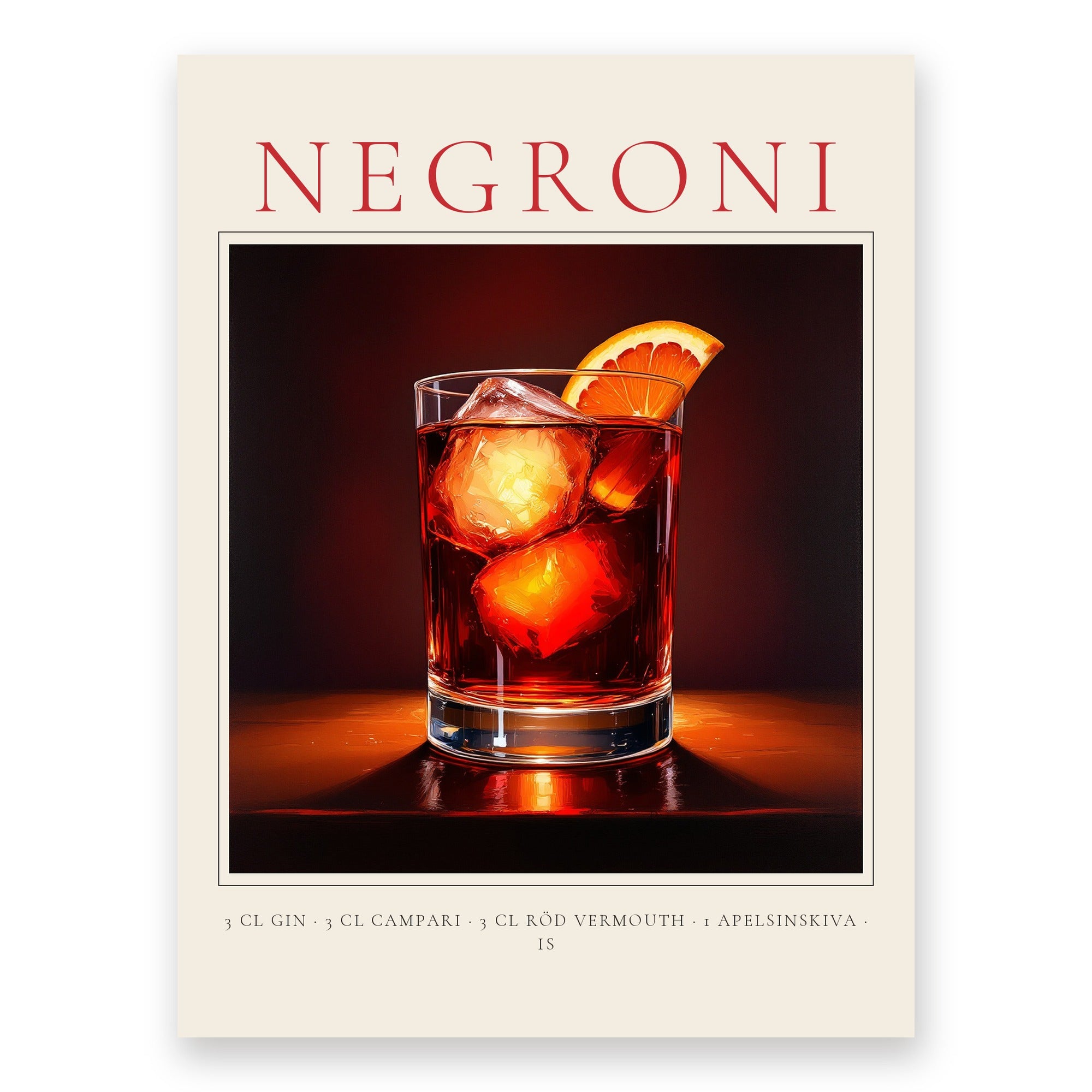 Drinkposter Negroni i klassisk stil med recept – personlig cocktailtavla