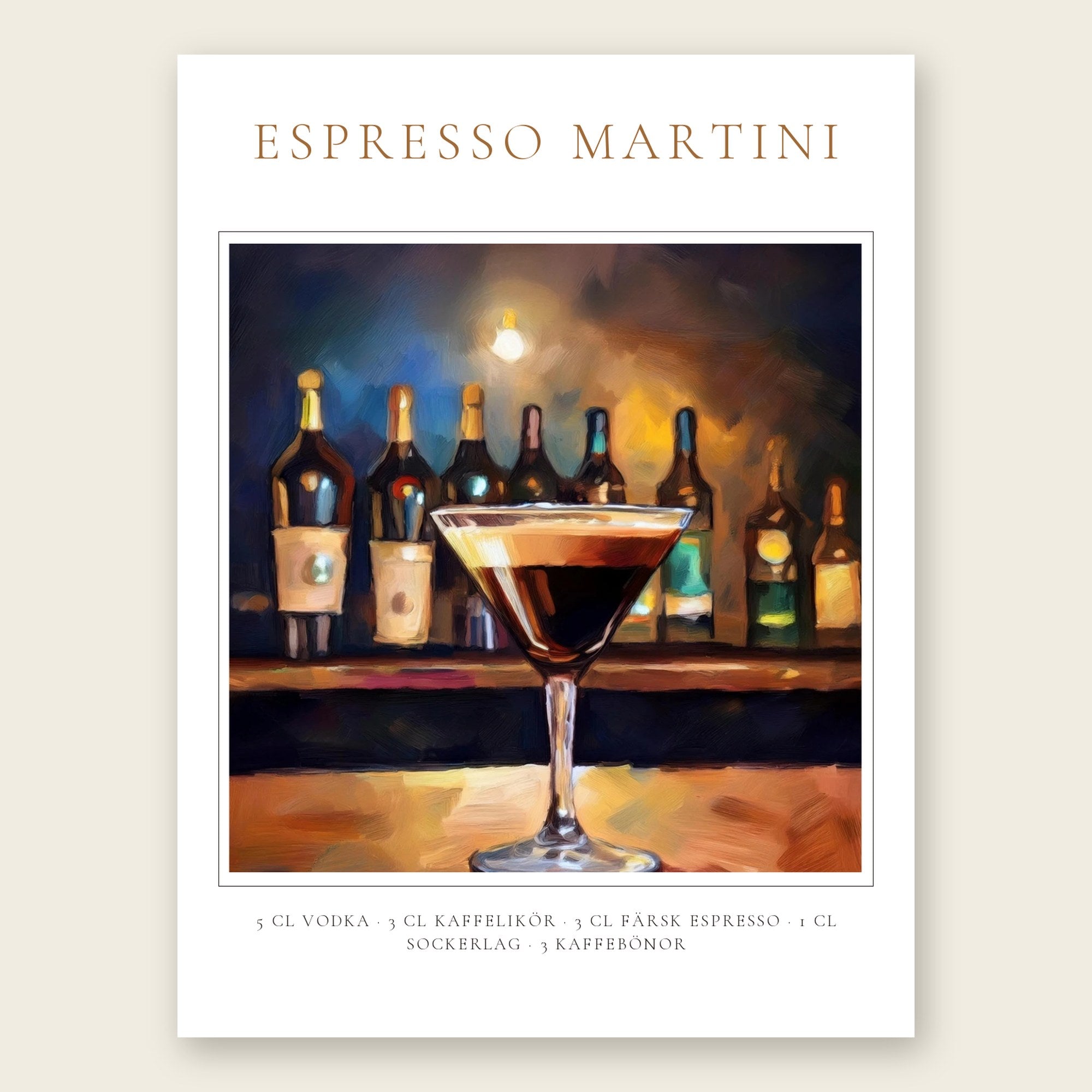 Espresso Martini drinkposter i klassisk stil med recept – personlig cocktailtavla