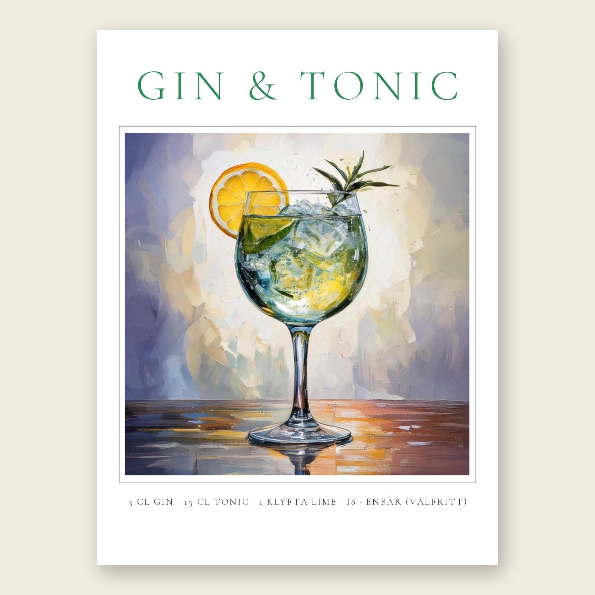 Gin & Tonic drinkposter i klassisk stil med recept – personlig cocktailtavla
