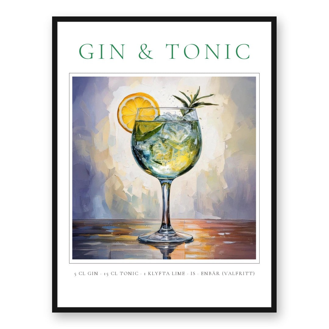 Gin & Tonic-tavla i svart ram – personlig cocktailposter med recept